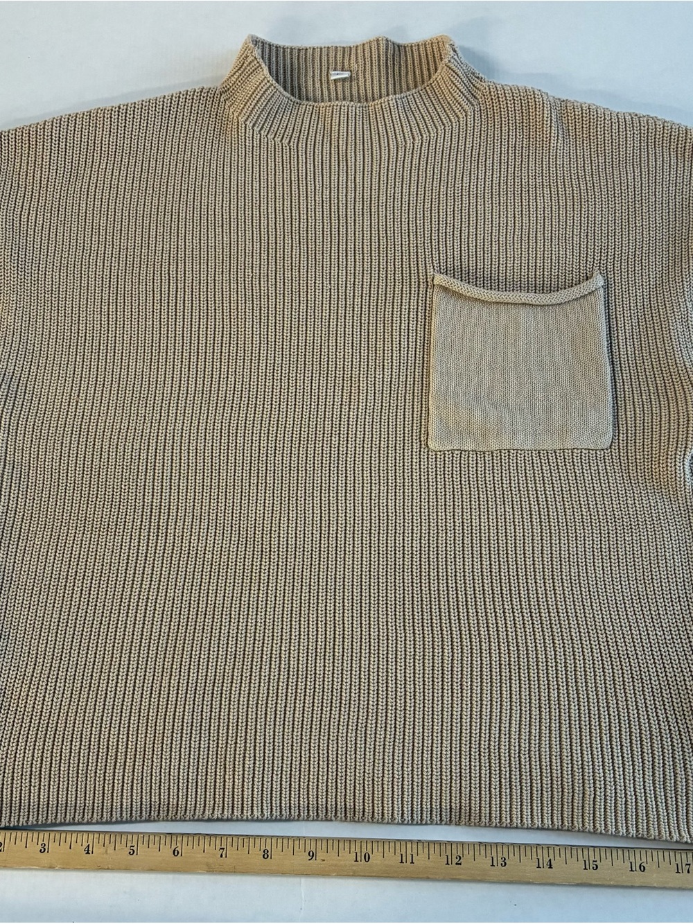 Women’s Mock Neck Knit Sweater in Beige - Casual Pocket Pullover
